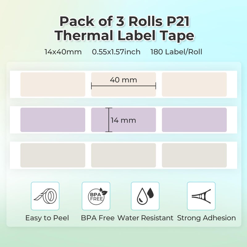 NELKO Genuine P21 Label Maker Tape, Adapted Label Print Paper, 14x40mm (0.55""x1.57""), Standard Laminated Labeling Replacement, Multipurpose of P21, 180 Tapes/Roll, 3-Roll, Beige/Brown/Purple - Image 2